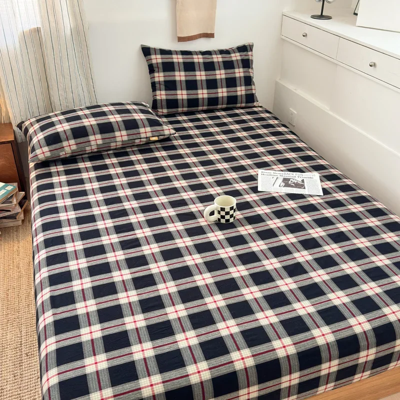 Simple gray small grid cotton yarn-dyed washed cotton fitted sheet soft and skin-friendly light mattress cover
