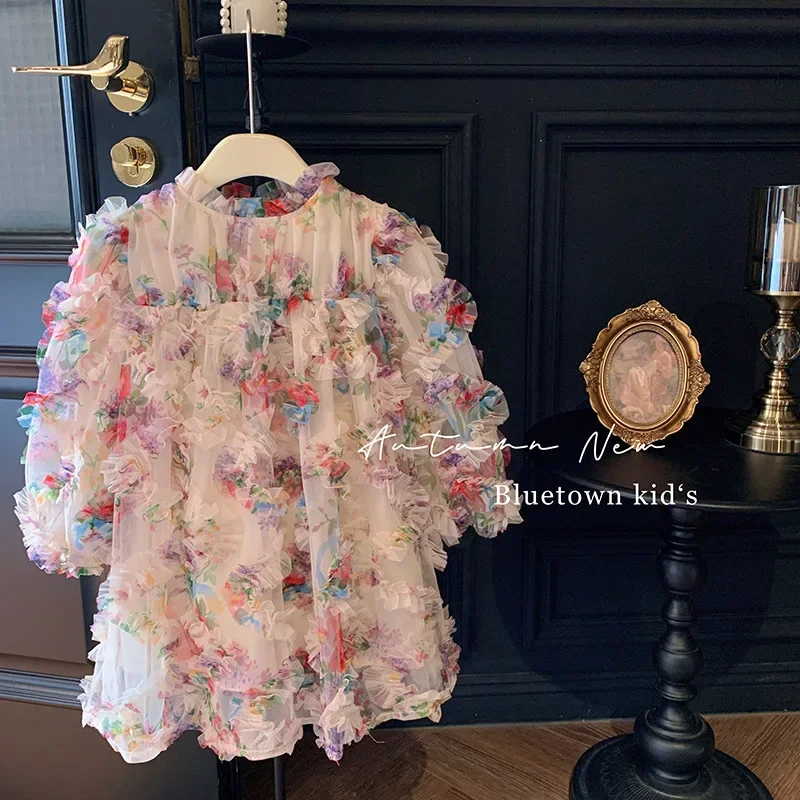 Girls Dress Autumn New 2023 Korean Girl Baby Bubble Sleeve  Flower Girl Princess Dress  girl clothes