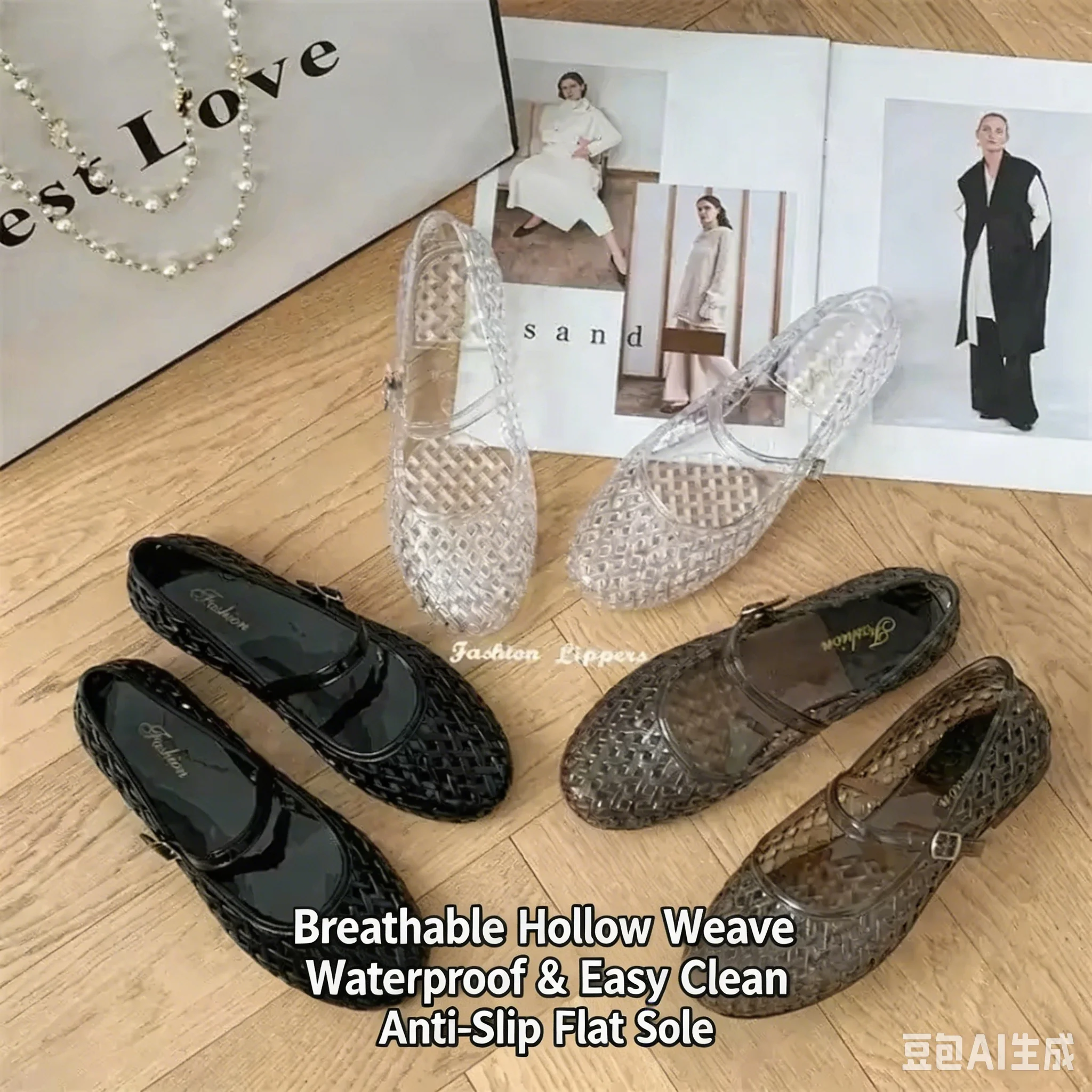 Transparent Crystal Women's Shoes Mary Jane Flat Bottom Summer New Jelly Hollow Soft Sole Casual Versatile Outer Sandals Women