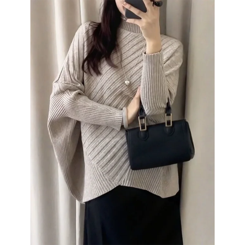 

Bat Sleeve Sweater Cloak-Style Semi-Turtle Neck Women's Autumn Winter New Bat Sleeve Round Neck Ladies Pullover Loose Sweater