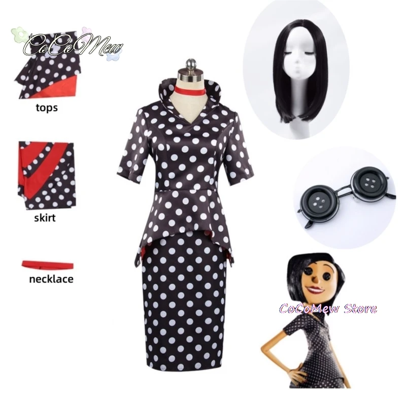 Horror Fairytale Movies Coraline Mother Cosplay Costume Wig Polka Dress Secret Adult Halloween Party Scary Roleplay Suit