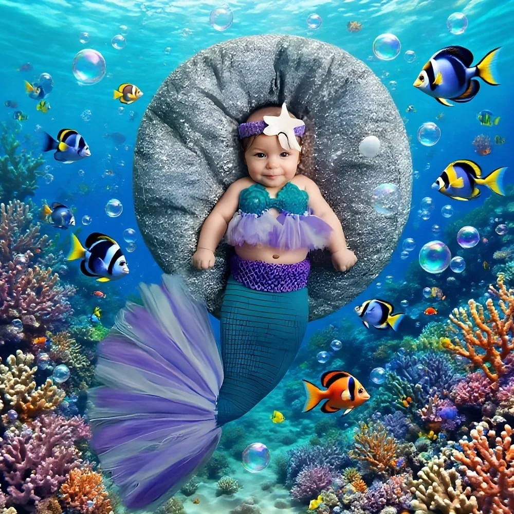 

Вязаный набор реквизитов ручной работы из 3 предметов - тематический наряд, бикини с хвостом, декор в виде морской звезды, идеальный реквизит для фотографий для милых съемки