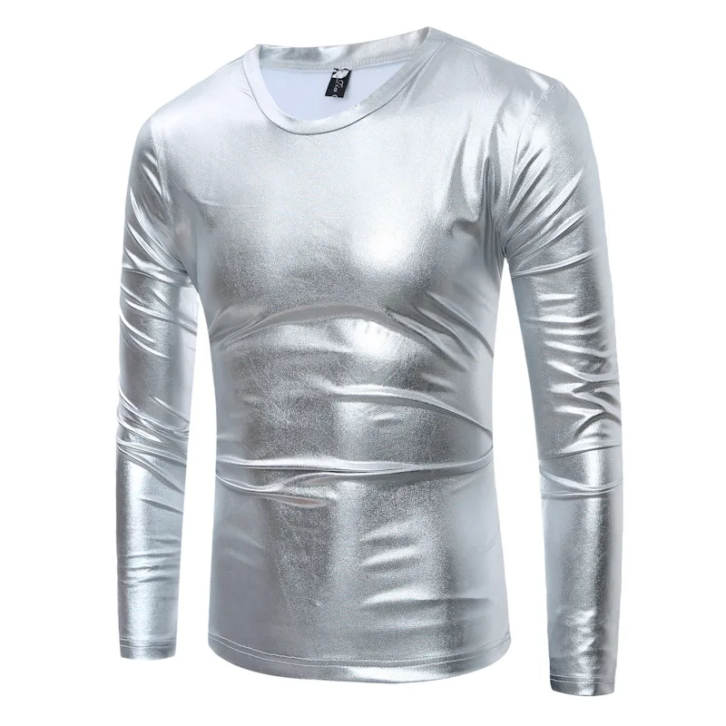 Mens Slim Fit Long Sleeve T Shirts Shiny Silver Coated Metallic T Shirt Men 70s Disco Nightclub Party Dance Tshirt Tops Man XXL