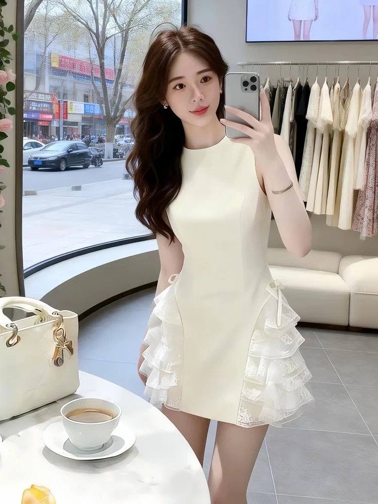 

High Quality Lace Splice Casual Dresses Spring Women Sleeveless Zipper Pullover Dress High Waist Waist O Neck Slim Mini Dress