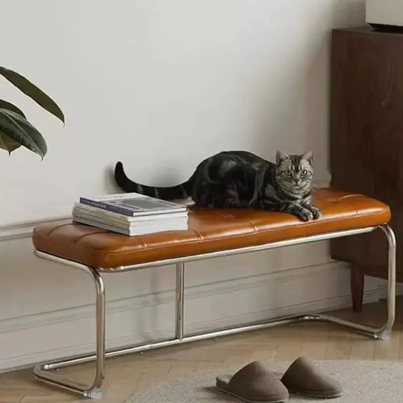 Vintage Mid-Century Bench with Metal Legs, Cat Claw Upholstery Entryway Shoe Seat, Long Makeup Stool for Bedroom  Retro Chair