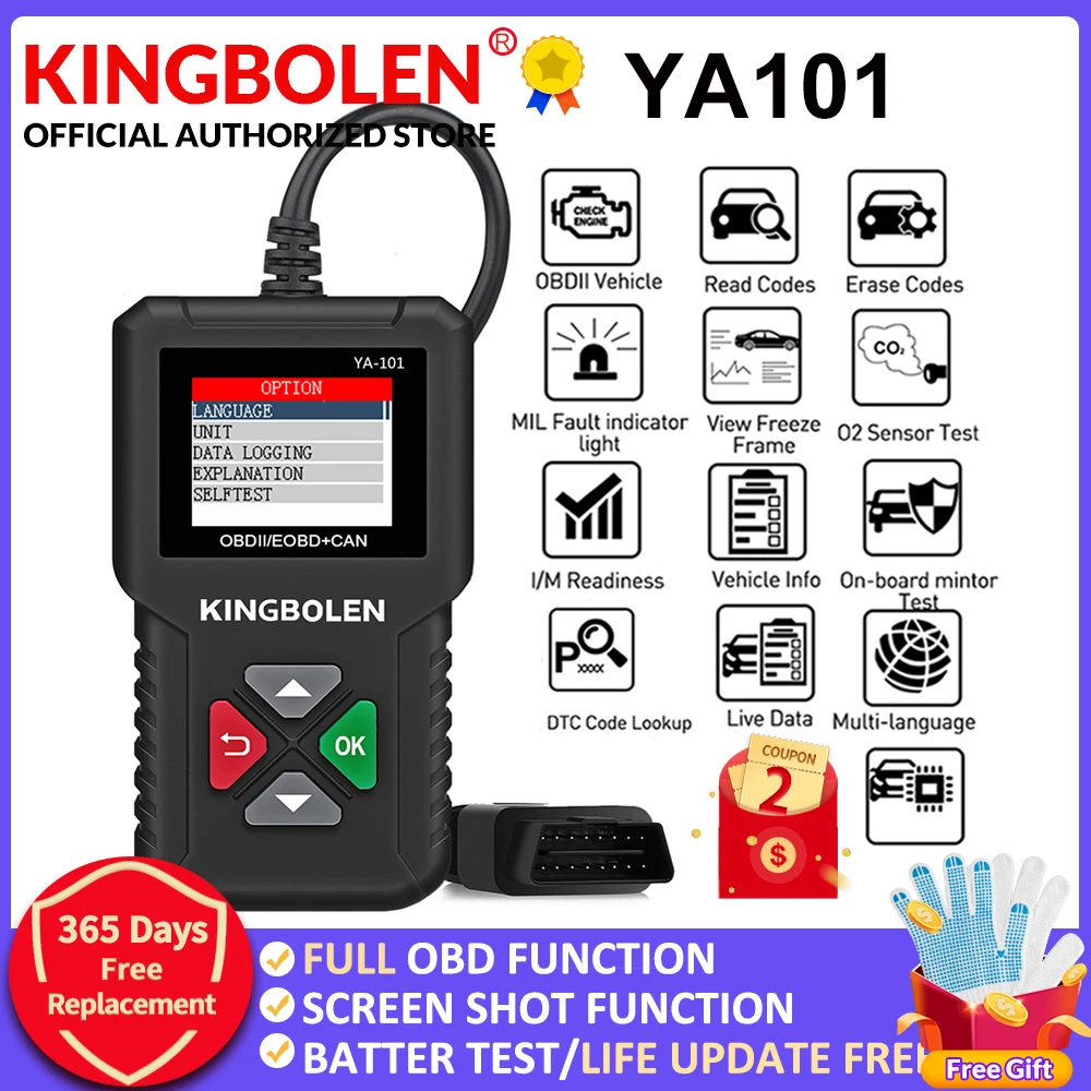 Herramienta de diagnóstico KINGBOLEN YA101 OBD2, escáner automotriz, prueba de batería, verificación del motor, lector de código PK ELM327 CR3001