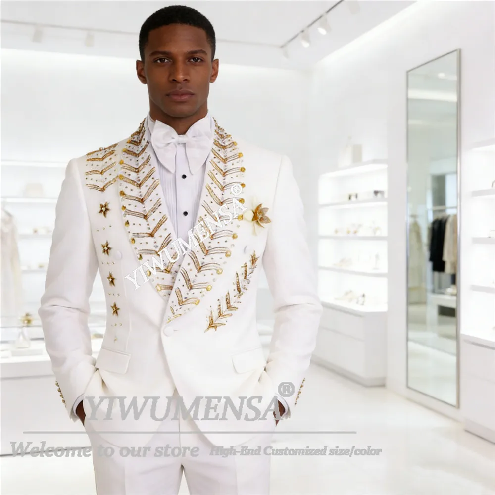 

Exquisite Beaded Gemstone Suits Men For Wedding Double Breasted Jacket Pants 2 Piece Set Groom Tuxedo Male Fashion Party Attire