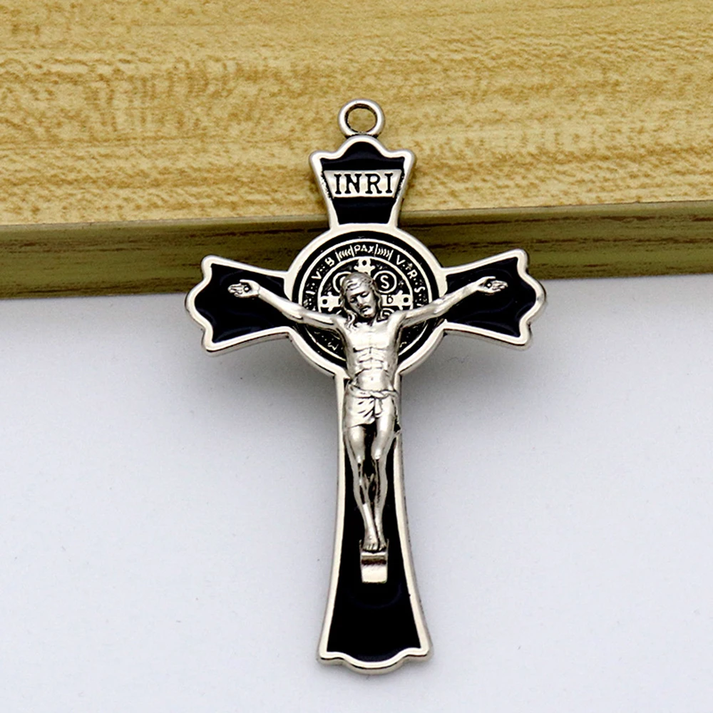 Diyalo 1PC Religious Gold Silver Color Exorcism St Benedict Crucifix Cross Pendant Charms for DIY Rosary Necklace Jewelry Parts