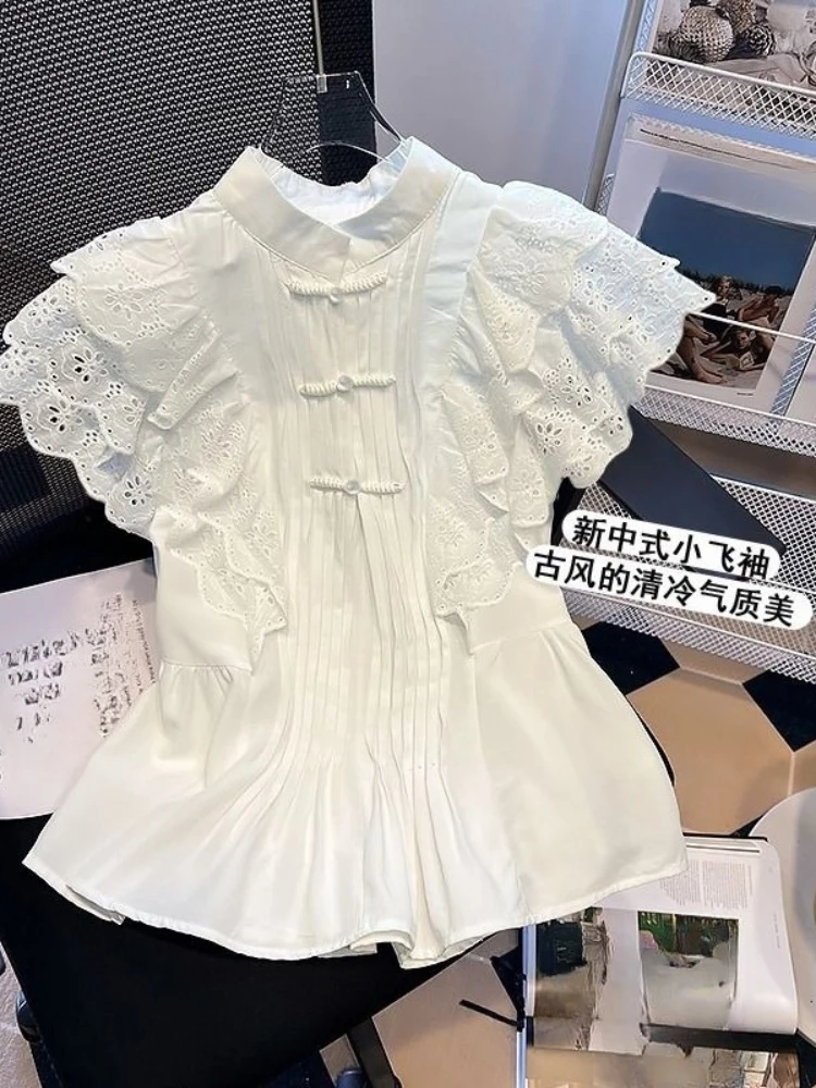 

Fashion Design Shirts Solid Color Stand Neck Flying Sleeve Hollow Out Pleated Blouse Summer Female Slim All Match Women Clothing