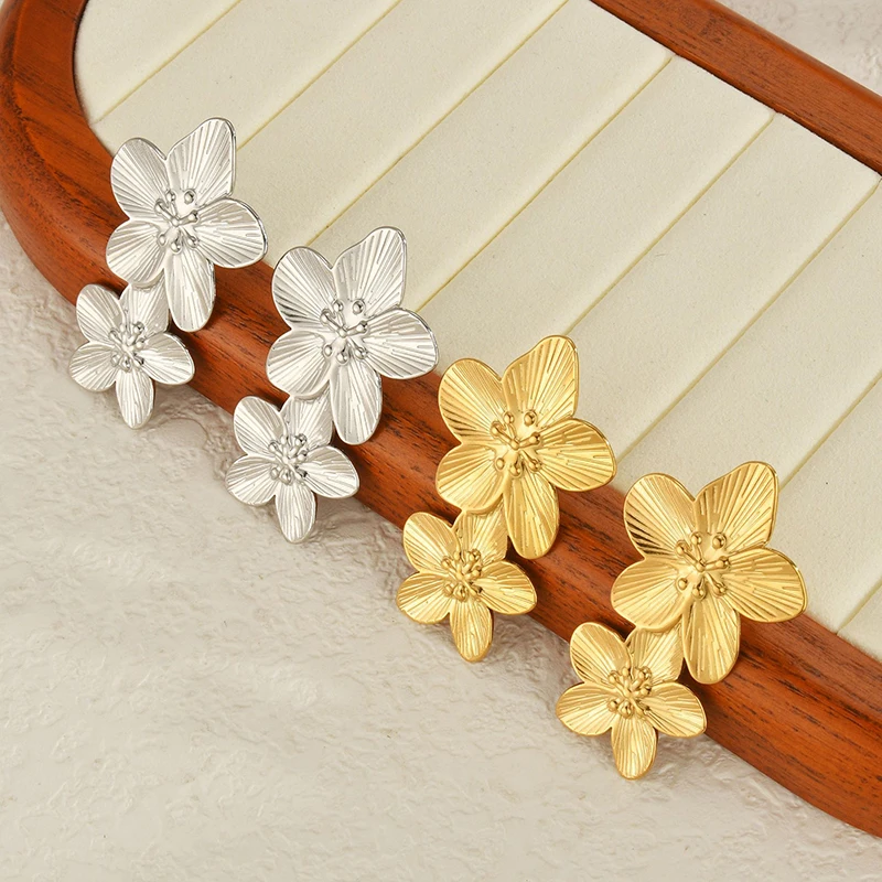 New Hot Sell Double Flower Stud Earring Charm Stainless Steel Gold Color High Quality Statement Jewelry Gift