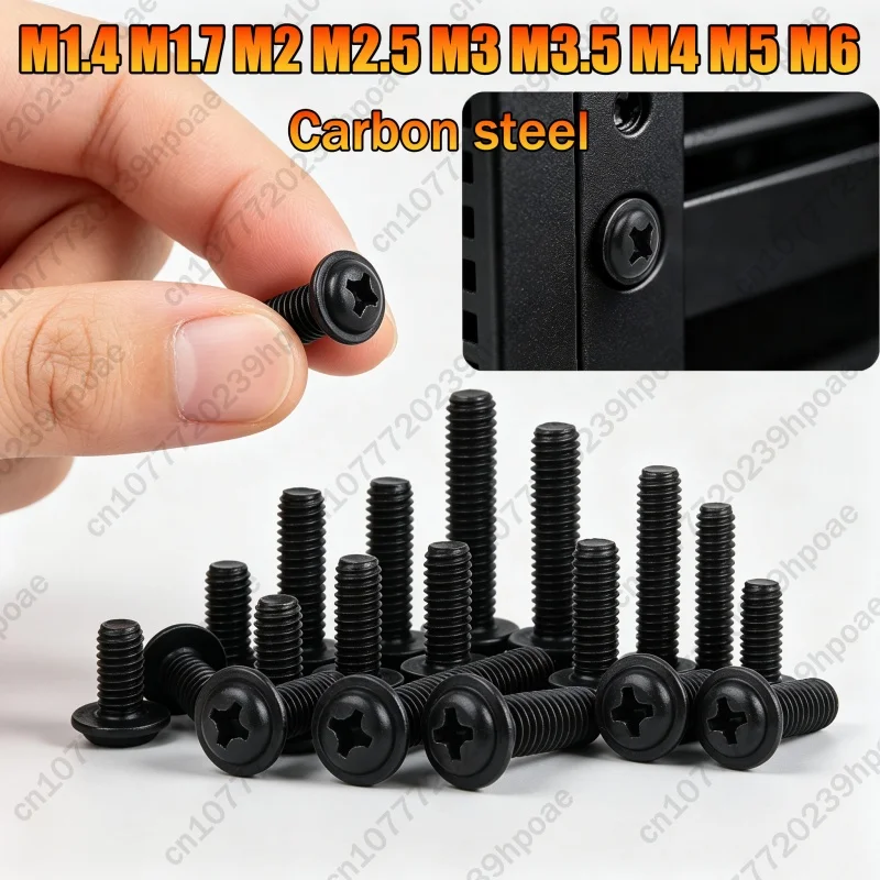 M1.4 M1.7 M2 M2.5 M3 M 3.5 M4 M5 M6 Black Carbon Steel Cross Recessed Phillips Pan Round Head with Washer Screw Bolt DIN967