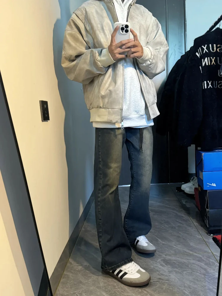 

American Sle Vintage Deep Blue Jeans Men's OOTD Spring Autumn Slim Straight High Street Vibe Micro Flared Pants