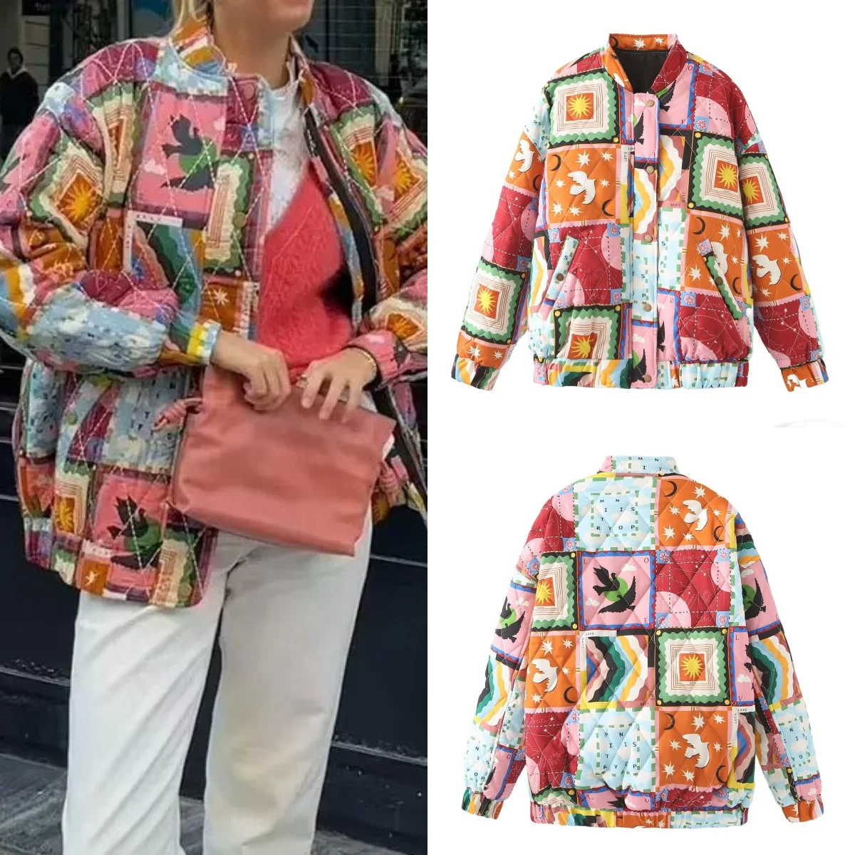 Print Skirt Suit Women 2024 Spring Summer Stand Collar Long Sleeve Zipper Coats Female Fashion  Office Lady