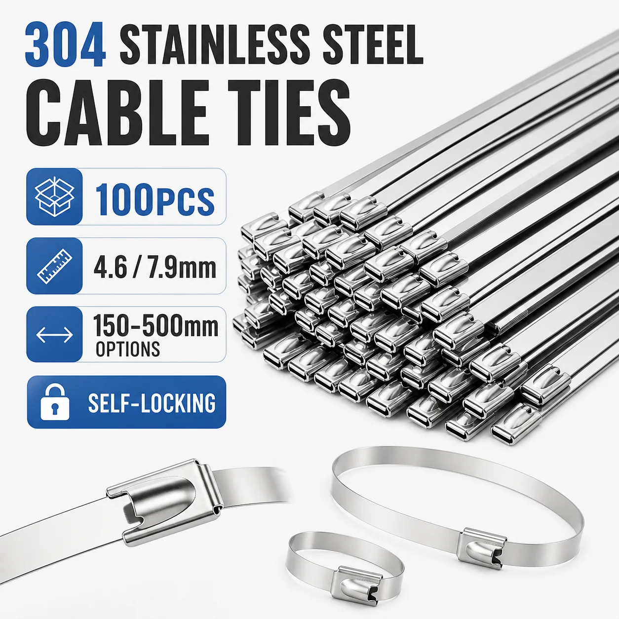 100PCS 304 Stainless Steel Cable Ties 4.6mm 7.9mm Self Locking Metal Zip Ties for Exhaust Wrap Outdoor Pipe Cable Bundling