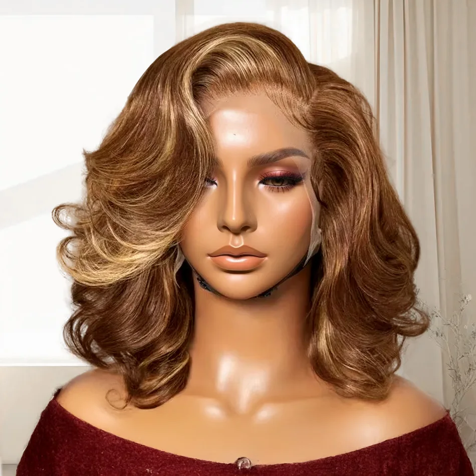 Tewjig 12 14 Inch Honey Blonde Highlight Bouncy Loose Body Wave Glueless 13x4 Frontal Lace Wig 100% Human Remy Hair