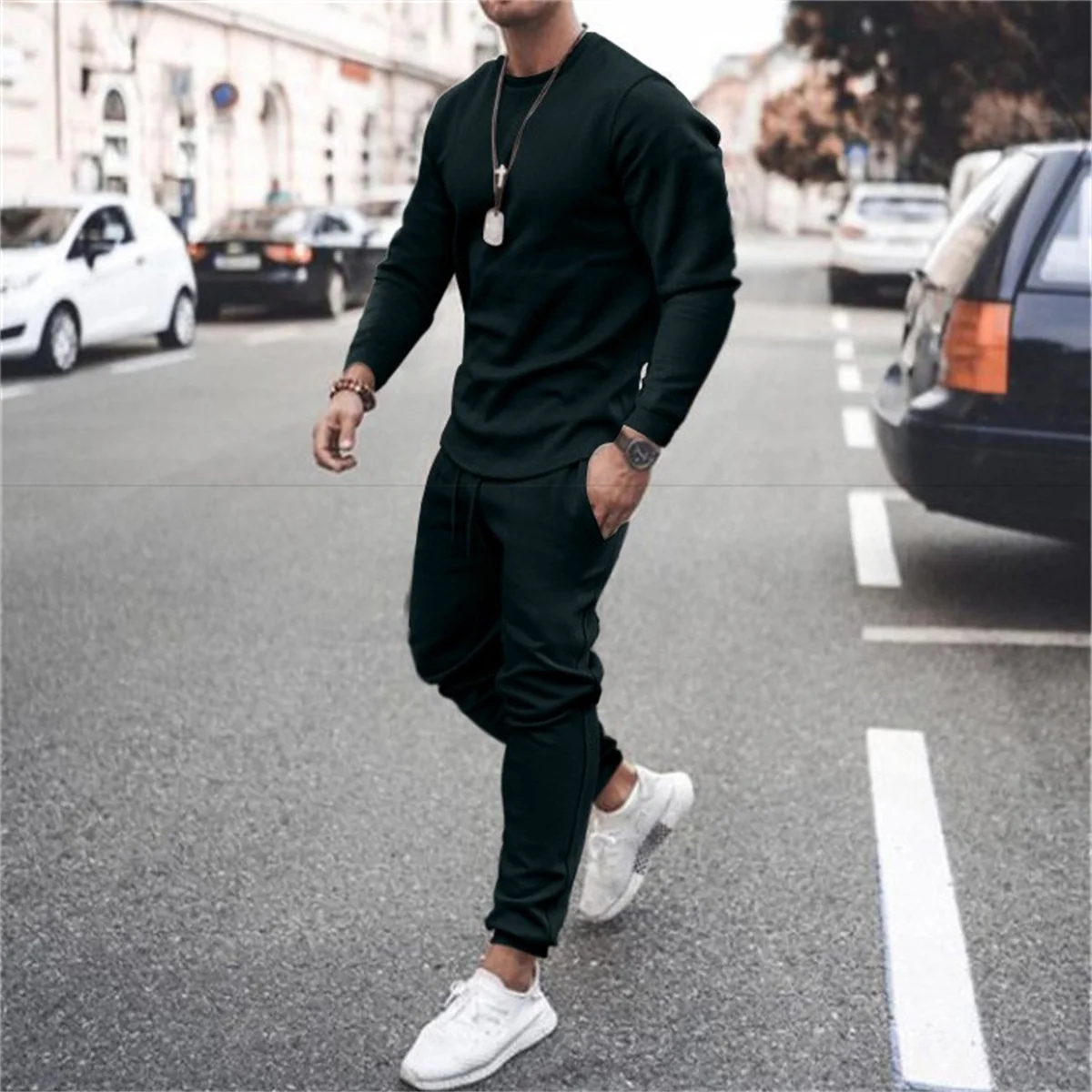 Autunno semplice tinta unita Low-key Daily Walk Shopping abbigliamento sportivo girocollo da uomo Casual