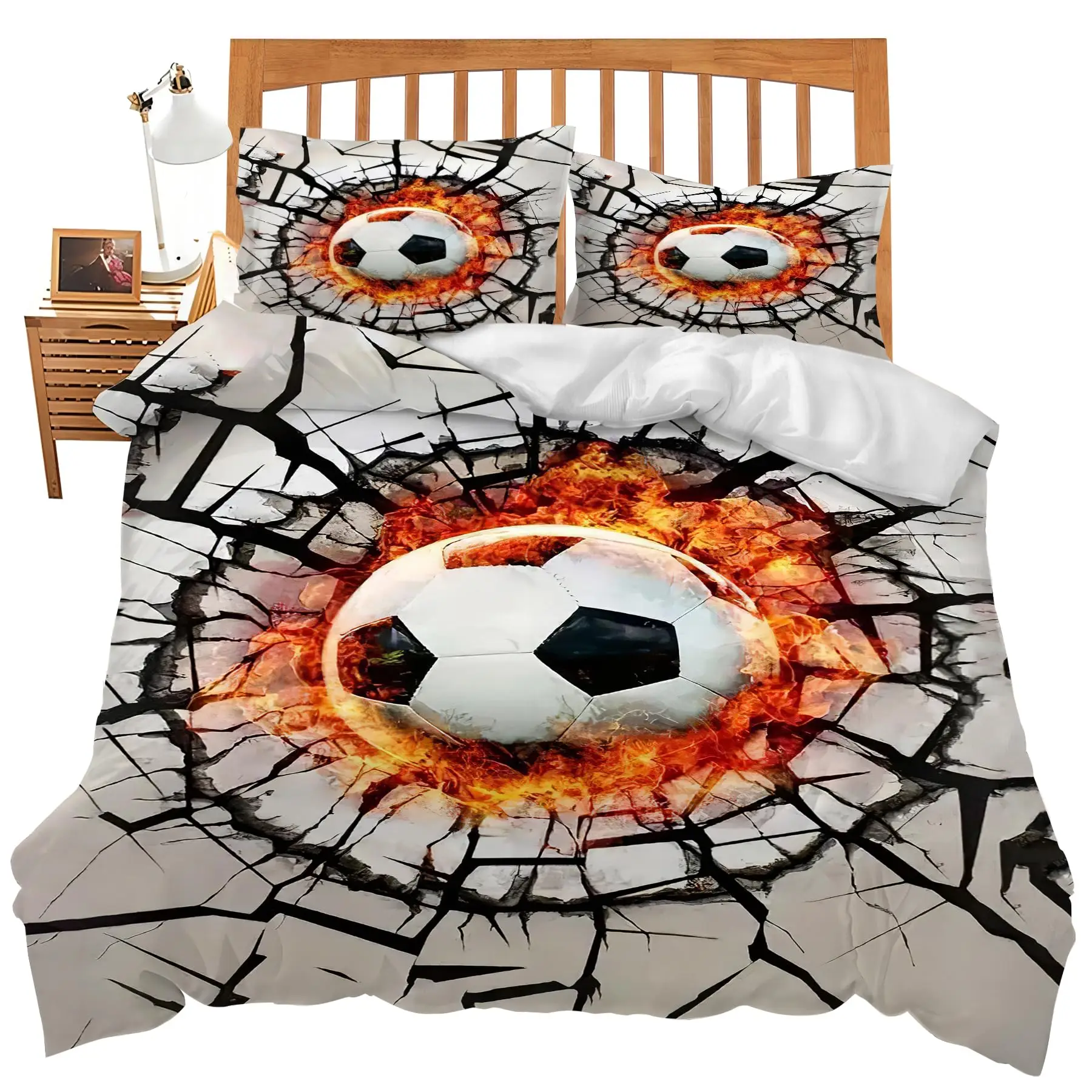 

3D Soccer Duvet Cover Set Boys Football Bedding Set Ball Sport Theme Comforter Cover Polyester Geometric Hexagon Bedspread Cover