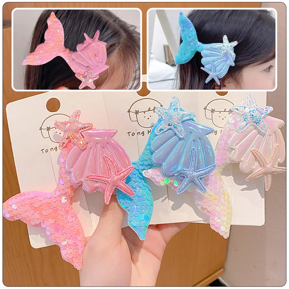 5 Pcs Mermaid Hair Clip Barrette Clips Buns Ribbon Rhinestone Barrettes Decoration Glitter Tail Child