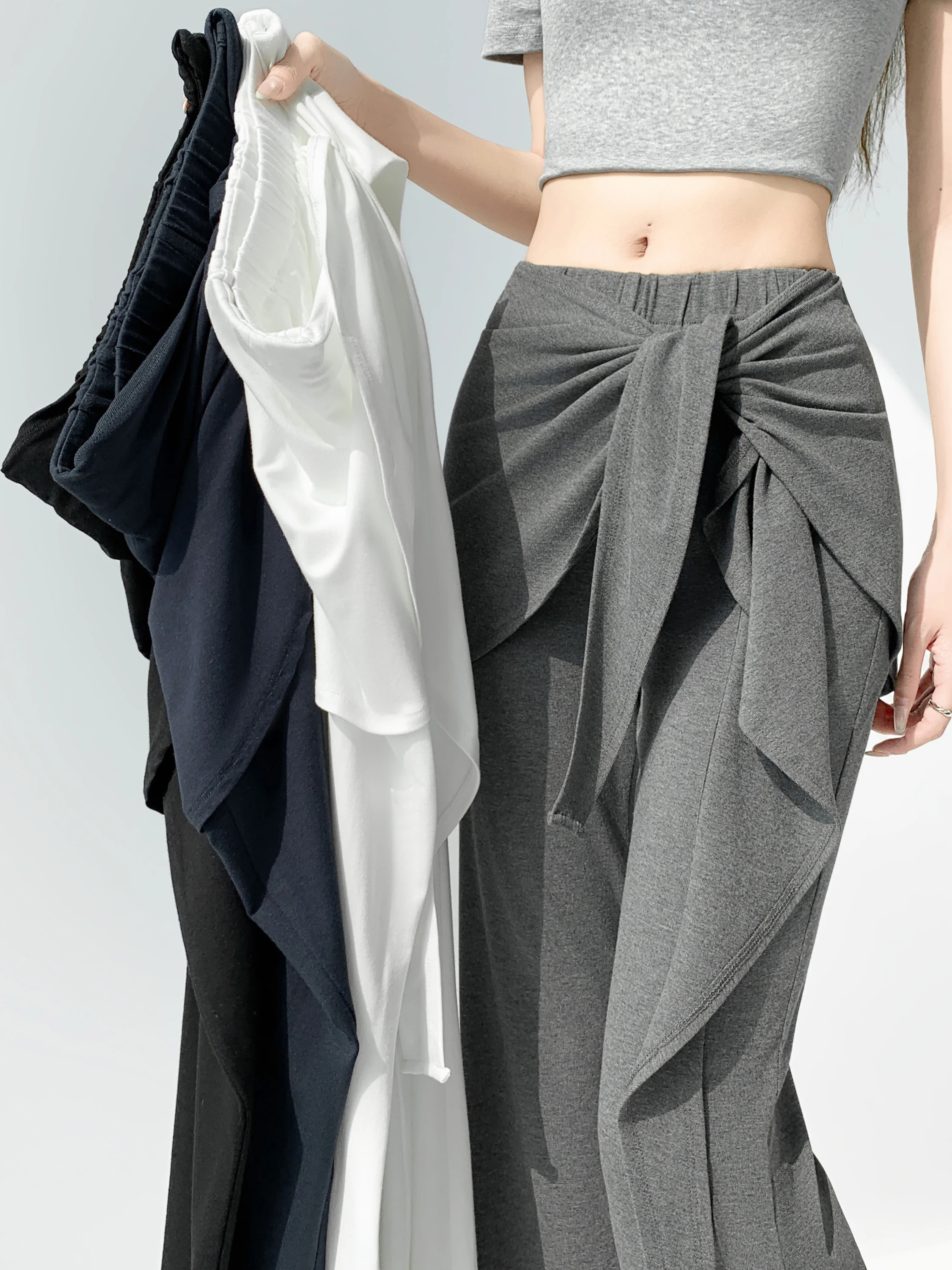 

High Waist Slim Fit Micro Flared Pants Women's Summer Design Sense Uneven Sporty Long Trousers Fake Two-Piece Curtain