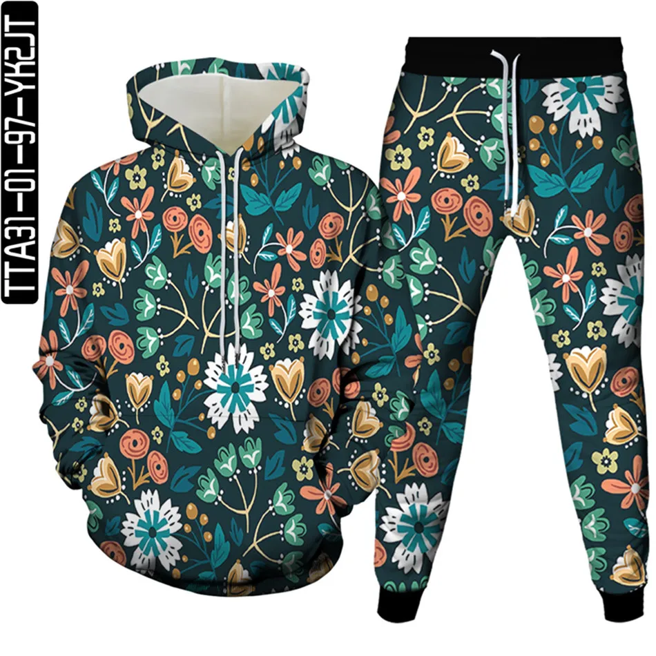 Vintage Paisley Grapic Flower Weed Florial Printed Men Harajuku Clothes Tracksuit Sweatpants Hoodies 2 Pieces Homme Costume Sets