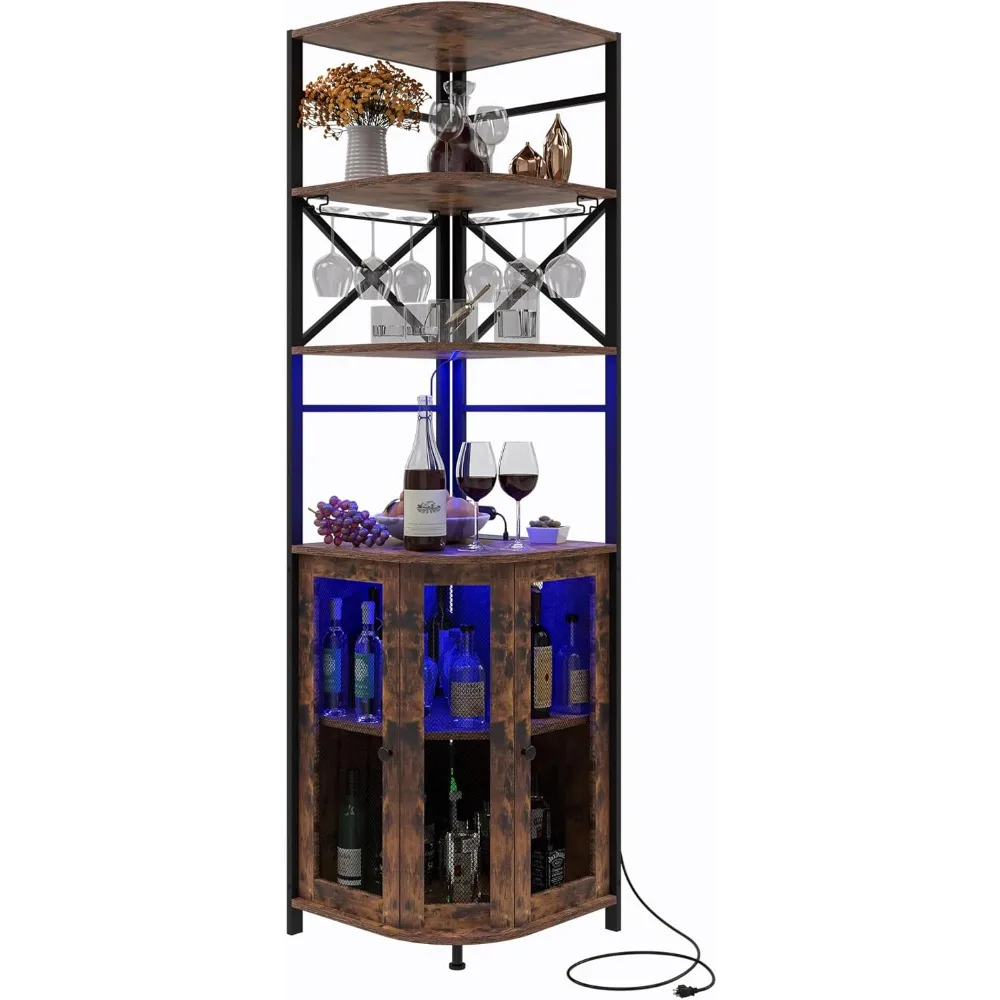 Wine Bar Cabinet with Power Outlet, 6-Tiers Industrial Wine Cabinet with LED Light and Glass Holder, Corner Wine Cabinet