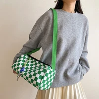 Casual Checkered Canvas Cylinder Shoulder Bag, Versatile Crossbody Purse with Drawstring Detail Adjustable Strap,Sports Travel - Image 3