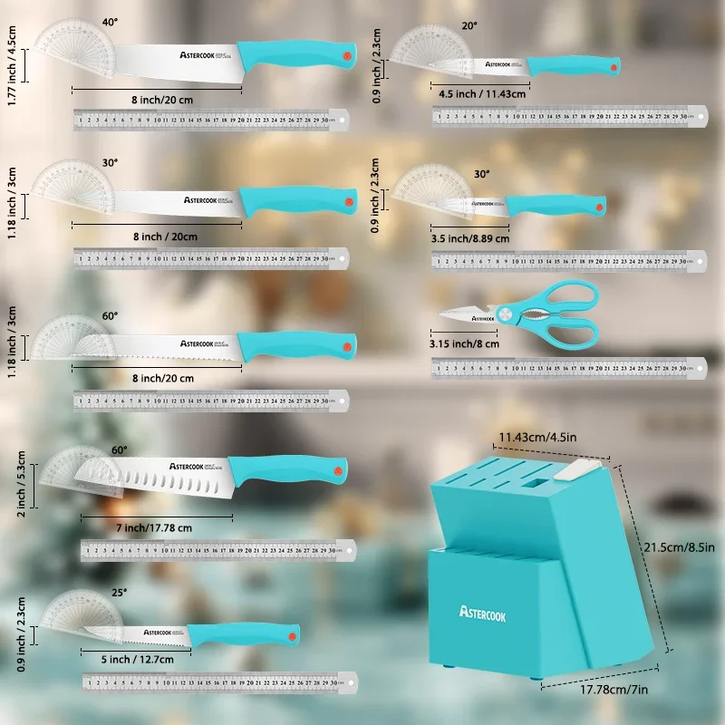 طقم مطبخ مكون من 14 قطعة، طقم مع كتلة مبراة مدمجة، آمنة للاستخدام في غسالة الأطباق، أزرق مخضر