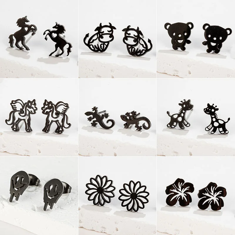 New Funny Face Unicorn Flower Gecko Stud Earrings for Girls Fashion Cute Animal Earings Silver Color Kitten Jewelry Wholesale