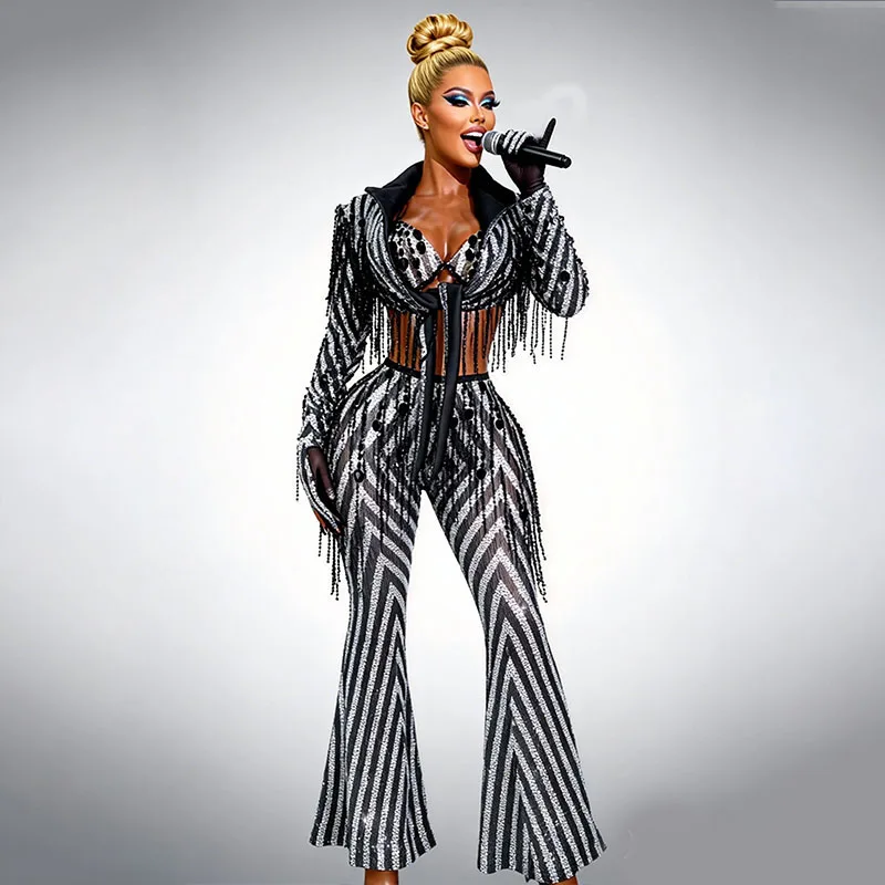

Black and white stripes tassel Flared pants coat 2 Piece stage Outfit for women v- neck sets Singer Show Festival Club Birthday