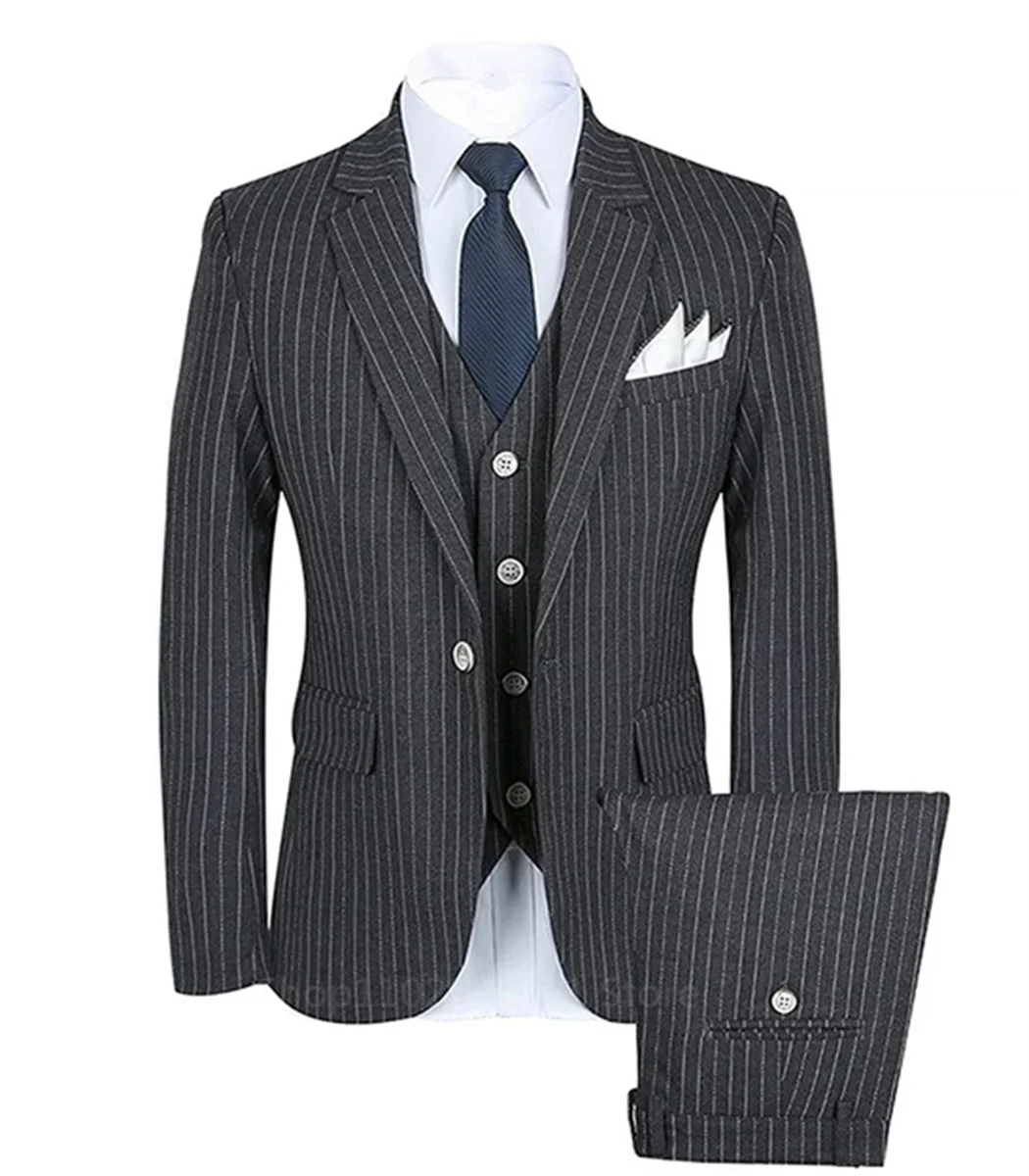 3-Piece Men\'s Stripe Suit One Button Jacket Vest Pants Wedding Fashion Casual Boutique Business Striped Groom Wedding Suit