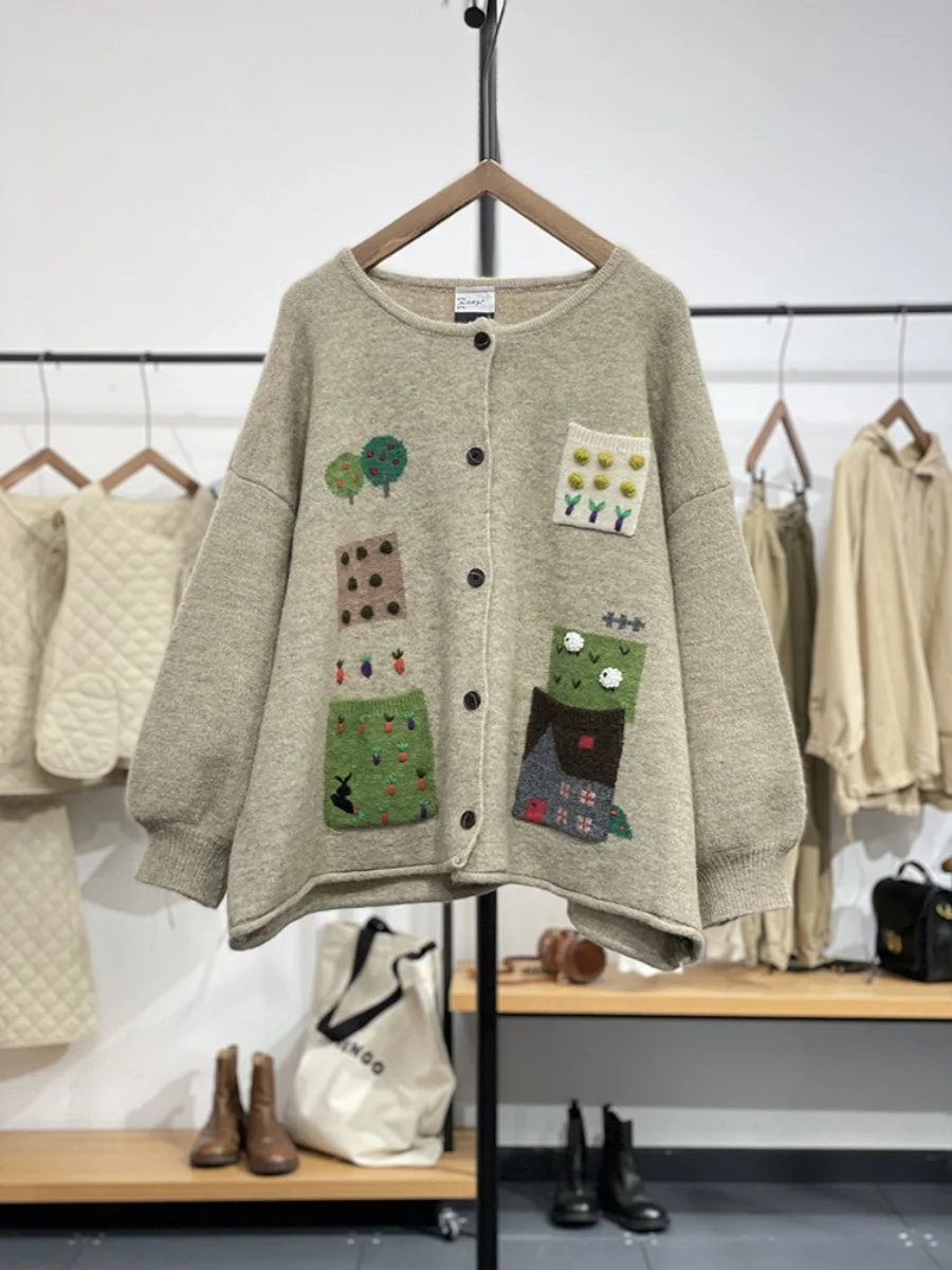 

Sweet Autumn Winter Knitted Cardigan Women's Faion Casual 3D Pattern Low round Ne Button up Long Sve Loose Fit Sweater