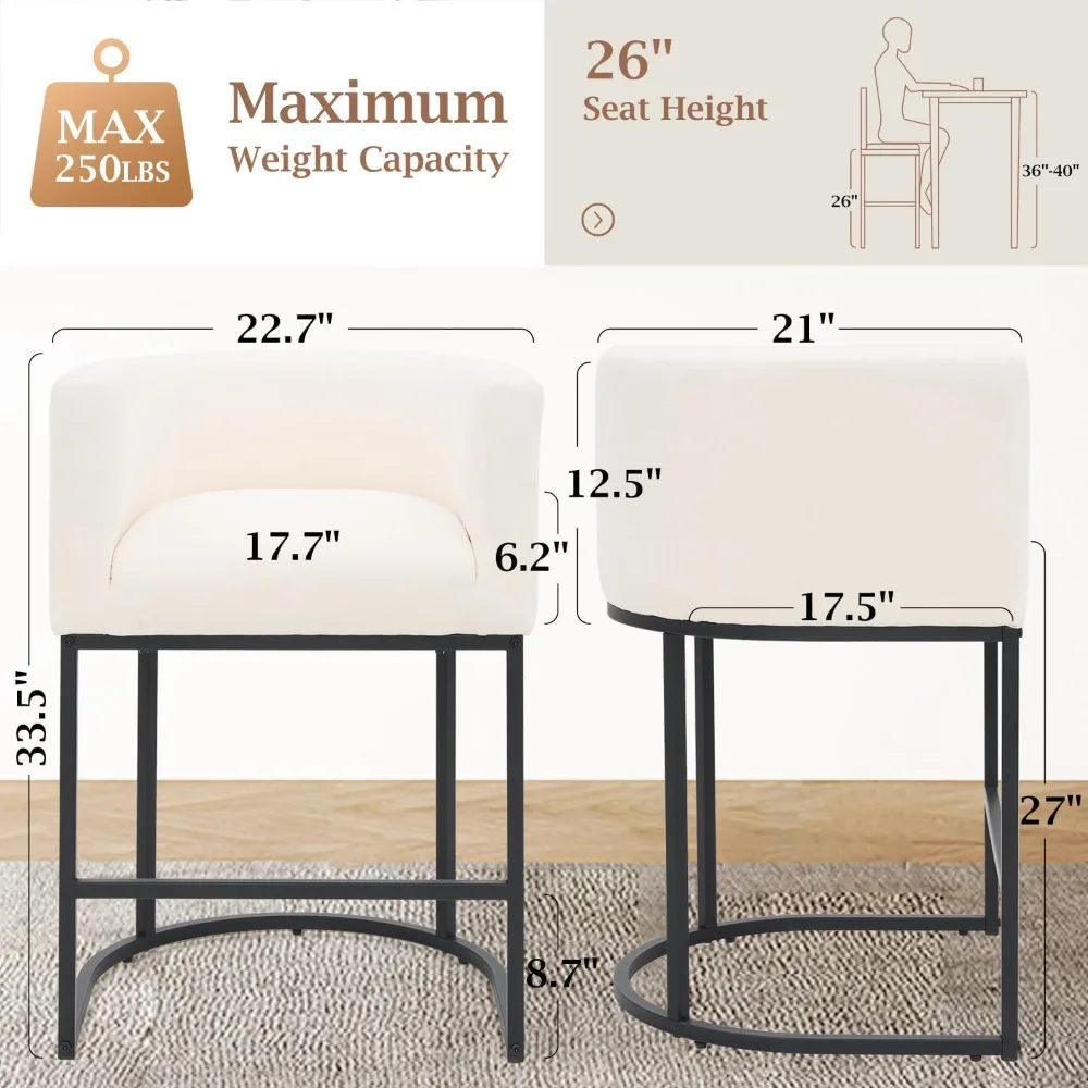 26"H Counter Height Bar Stools Set of 4, Modern Barrel Counter Stools with Backrest and Arms, Black Metal Frames.