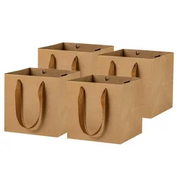 10/20PCS Square Gift Bags With Ribbon Handles Kraft Paper Flowers Gift Bags For Wedding Party Favors Retail Business