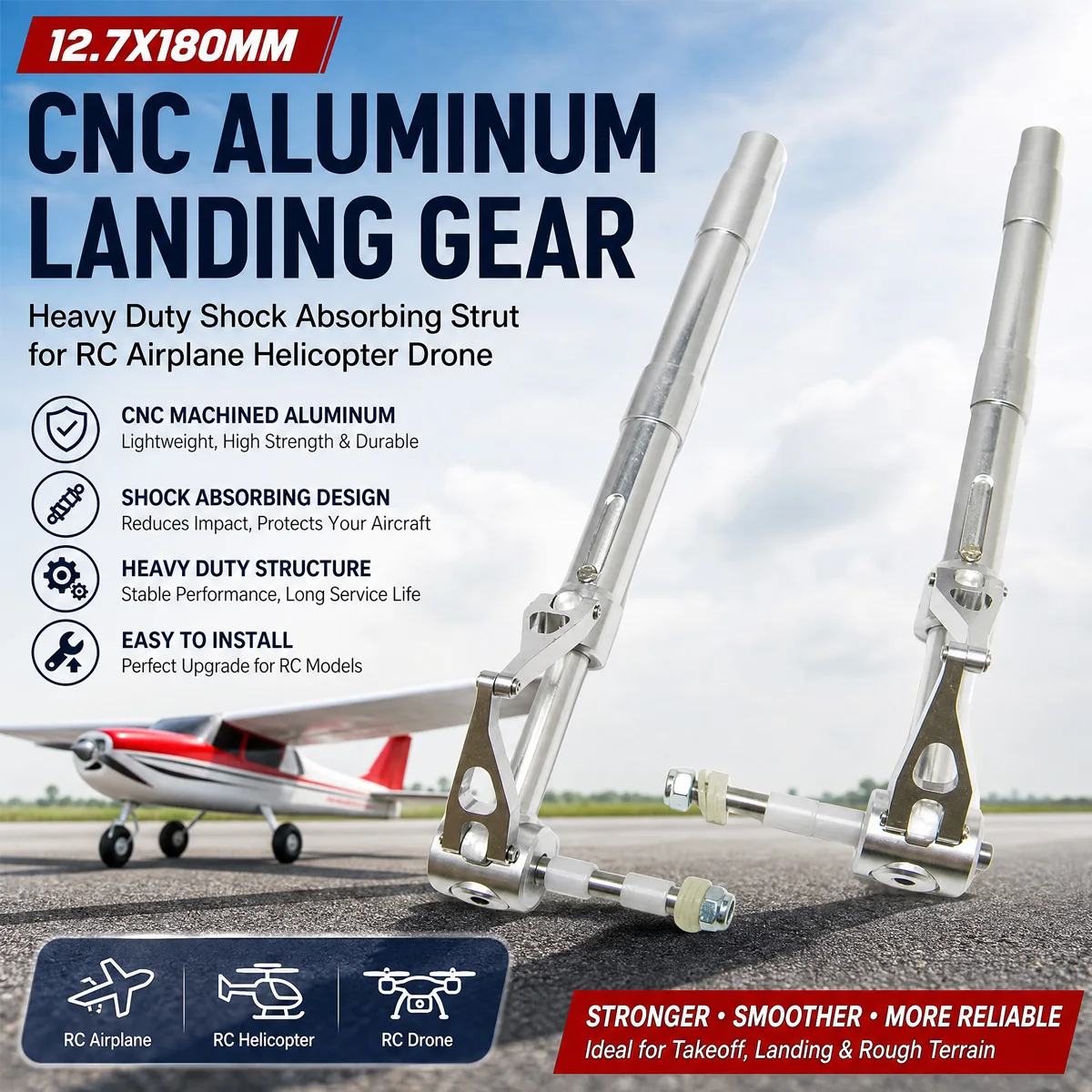 

XAERO 12.7x180mm CNC Aluminum Landing Gear, Heavy Duty Shock Absorbing Strut for RC Airplane Helicopter Drone