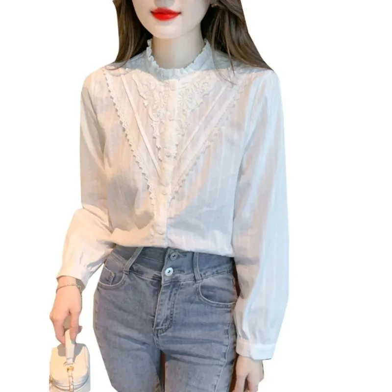 

Stand Collar White French Long-sleeved Shirt Top 2025 New Style Long-sleeved Versatile Button Splicing Cardigan