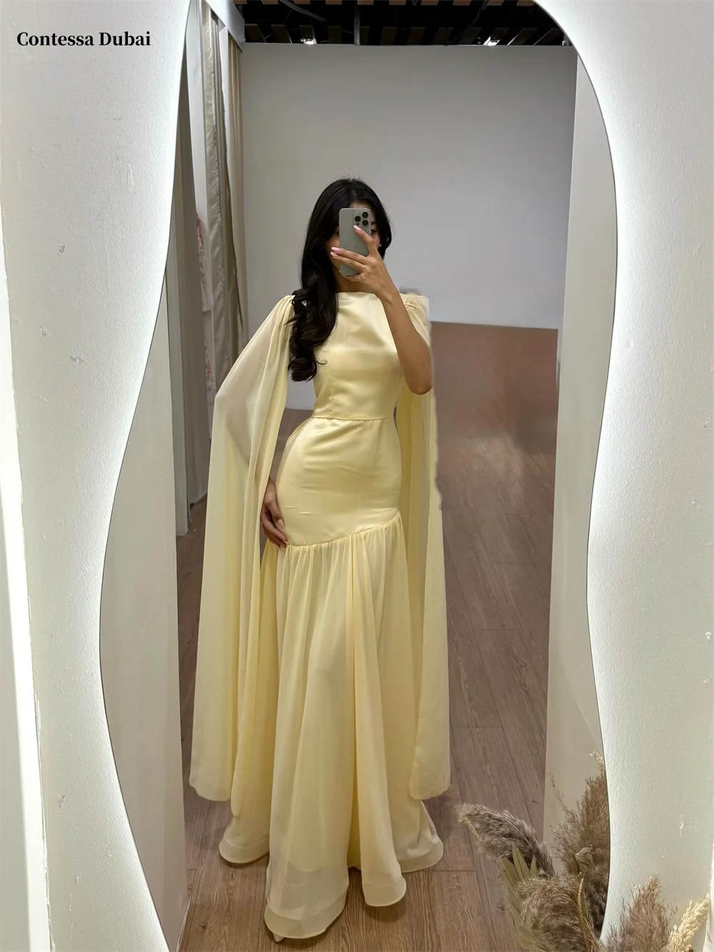 

Contessa Dubai Customized Yellow High Neck Elegant Prom Dress With Cape Floor-Length Vestido de noche A-Line Formal Evening 2025