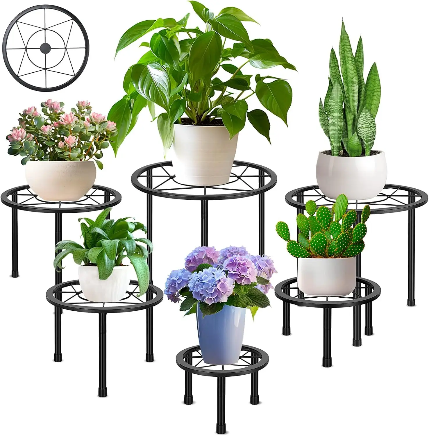 

6 Pack Heavy Duty Metal Plant Stands, Anti-Rust Black Iron Flower Pot Holders for Indoor Outdoor Use