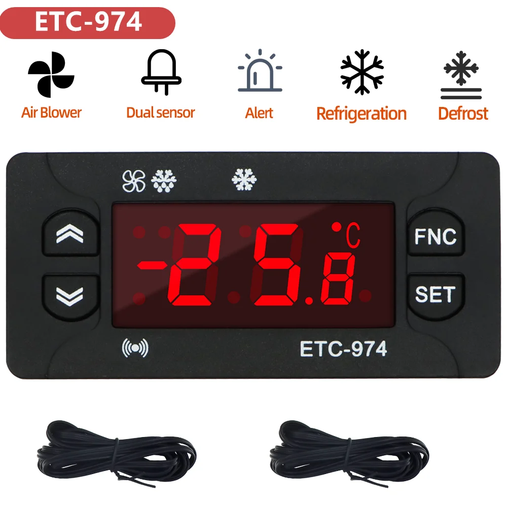 ETC-974 Temperature Controller Refrigerator Defrosting Heating Control Thermoregulator with Dual NTC Sensor 220V Thermostat