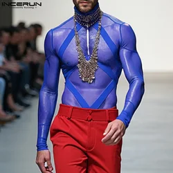 Fashion Casual Men's Jumpsuits INCERUN Perspective Mesh Splicing Strap Design Bodysuit Sexy Male Hot Selling Thin Homewear S-3XL