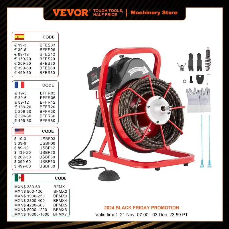 VEVOR Drain Cleaner Machine 75FT/50FT Sewer Snake Auger Manual 1/2 Inch Electric Drain Cleaning Machine with 4 Cutters for Home