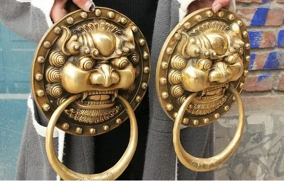 Chinese Bronze Foo Fu Dog Guard Fu Lion Head Statue Door Knocker Gate Pair