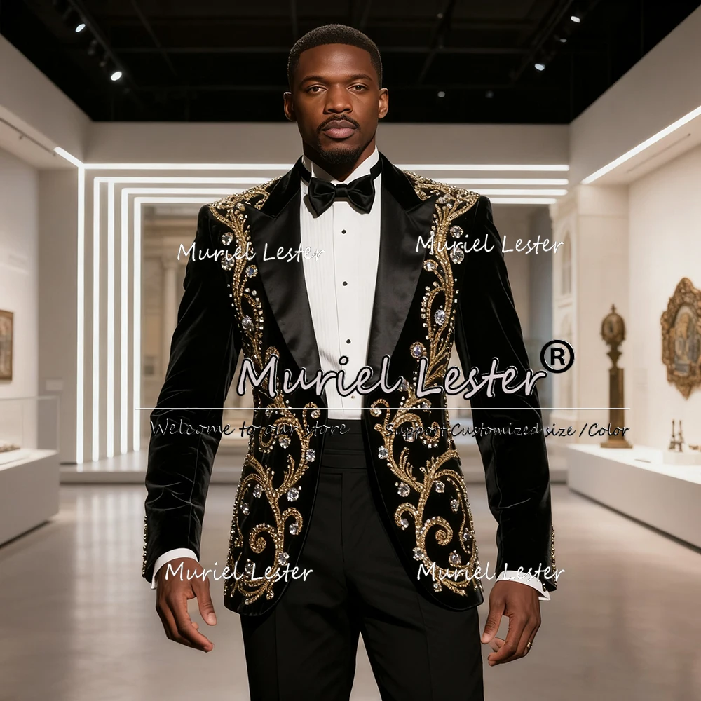 

Customized Beaded Tuxedos Men Suits For Wedding Luxury Prom Groom 2 Pieces Sets Prom Blazers Male trajes elegante para hombres