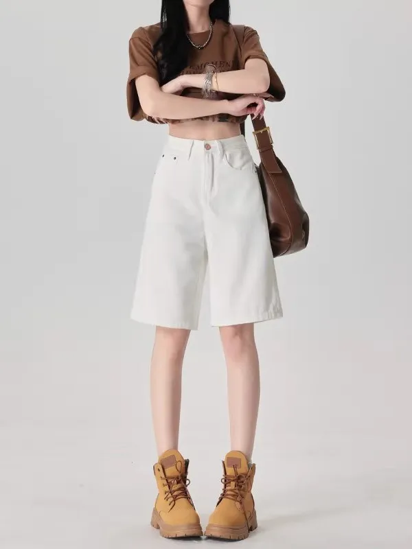 

White Denim Five-Quarter Shorts Women's Summer 2026 High Waist Loose Casual Versatile Wide Leg Mid-Pants Wear Resistant