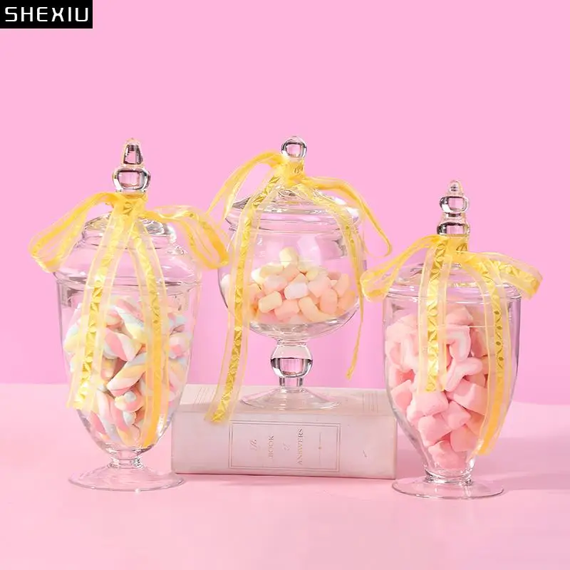 

Cute Ribbon Crystal Candy Pots Tea Caddy European Transparent Glass Jar Desk Decoration Minimalist Dessert Storage Jars with Lid