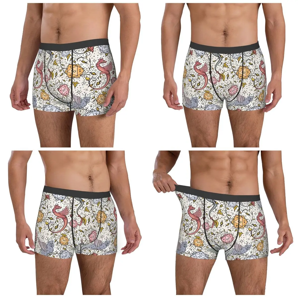 Cuecas boxer shorts dragão medieval e dados d20 dnd padrão calcinha masculina respirável roupa interior para homme homem namorado presentes