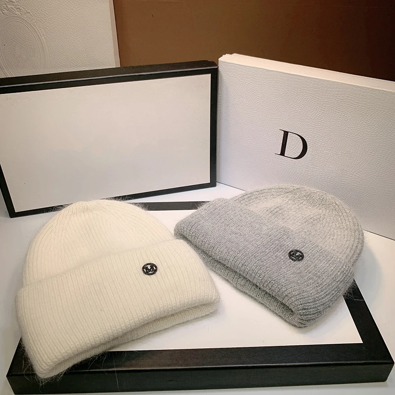 Rabbit Fur Beanies Fluffy Black White Winter Hat for Women Ear Warm Knitted Hat Skullies Beanies Female Bonnet Woman M Knit Cap, image 5