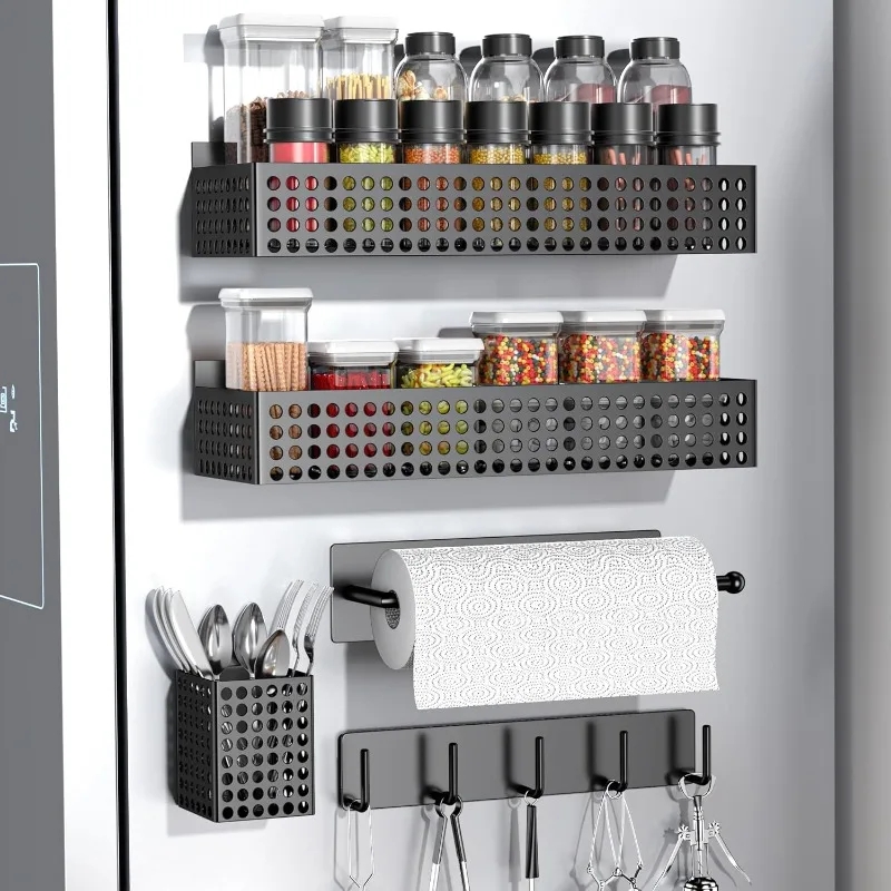 

2 Tiers and Paper Towel Holder and Utensil Holder, Magnetic Refrigerator Organizer, Strong