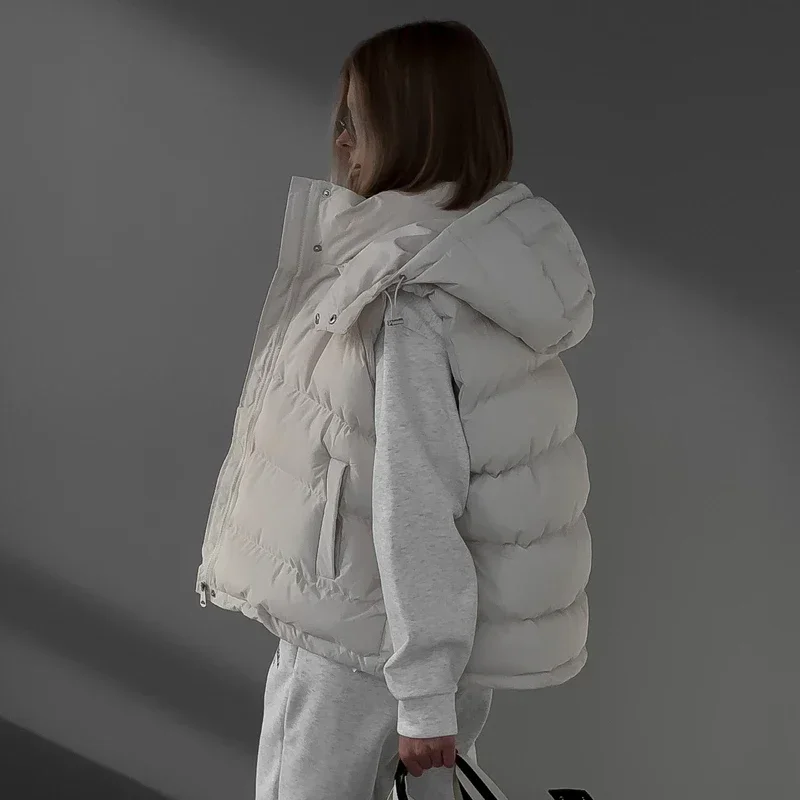 Winter Padded Vests For Woman Zipper Hooded Sleeveless Jacket and Waistcoats Fashion Warm Parkas Coat Outerwear Streetwear