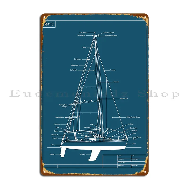 Sailing Yacht Blueprint Metal Sign Wall Decor Designing Vintage Decoration Iron Tin Sign Poster