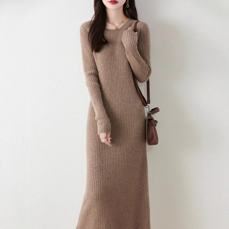 

Long Striped Round Neck Sweater Women, Autumn Winter Knitted Dress With Vertical Stripes And Pleated Design, Suitable La